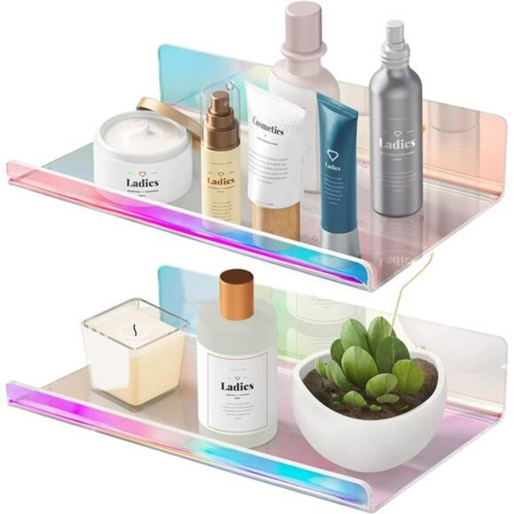 Set of 2 iridescent acrylic floating wall shelves rainbow adhesive storage rack - Picture 1 of 8